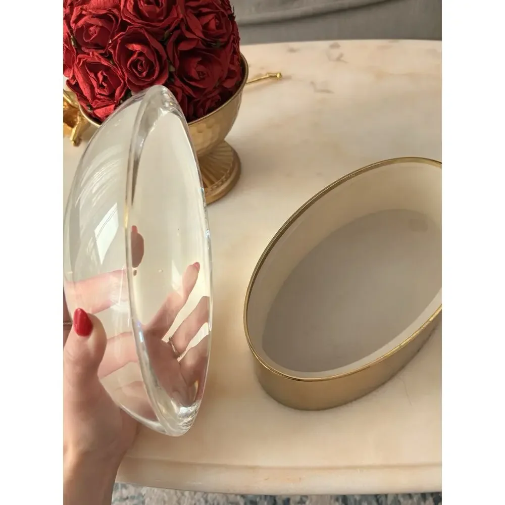 Jonathan Adler Gold Brass Tone Oval Trinket Box Clear Lucite Acrylic Lid Glam
